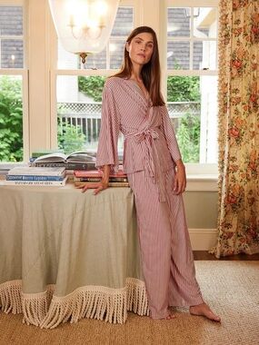 Lake Red and White Stripe Kimono Pajama Set, Medium + Small.